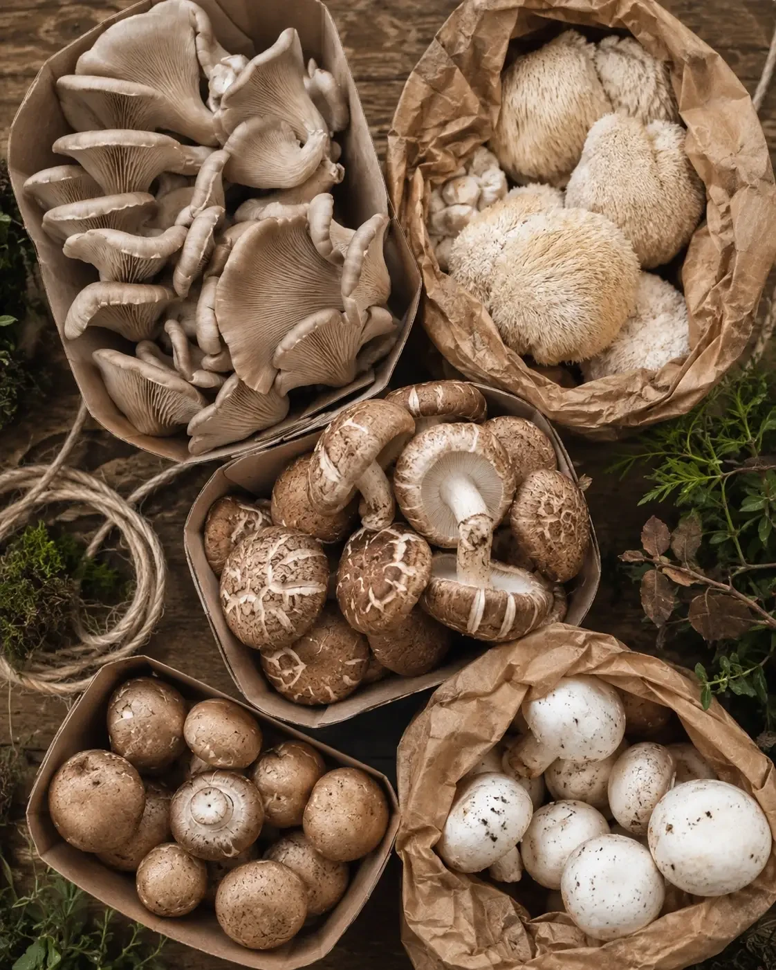 Different mushrooms arranged in shallow woven baskets