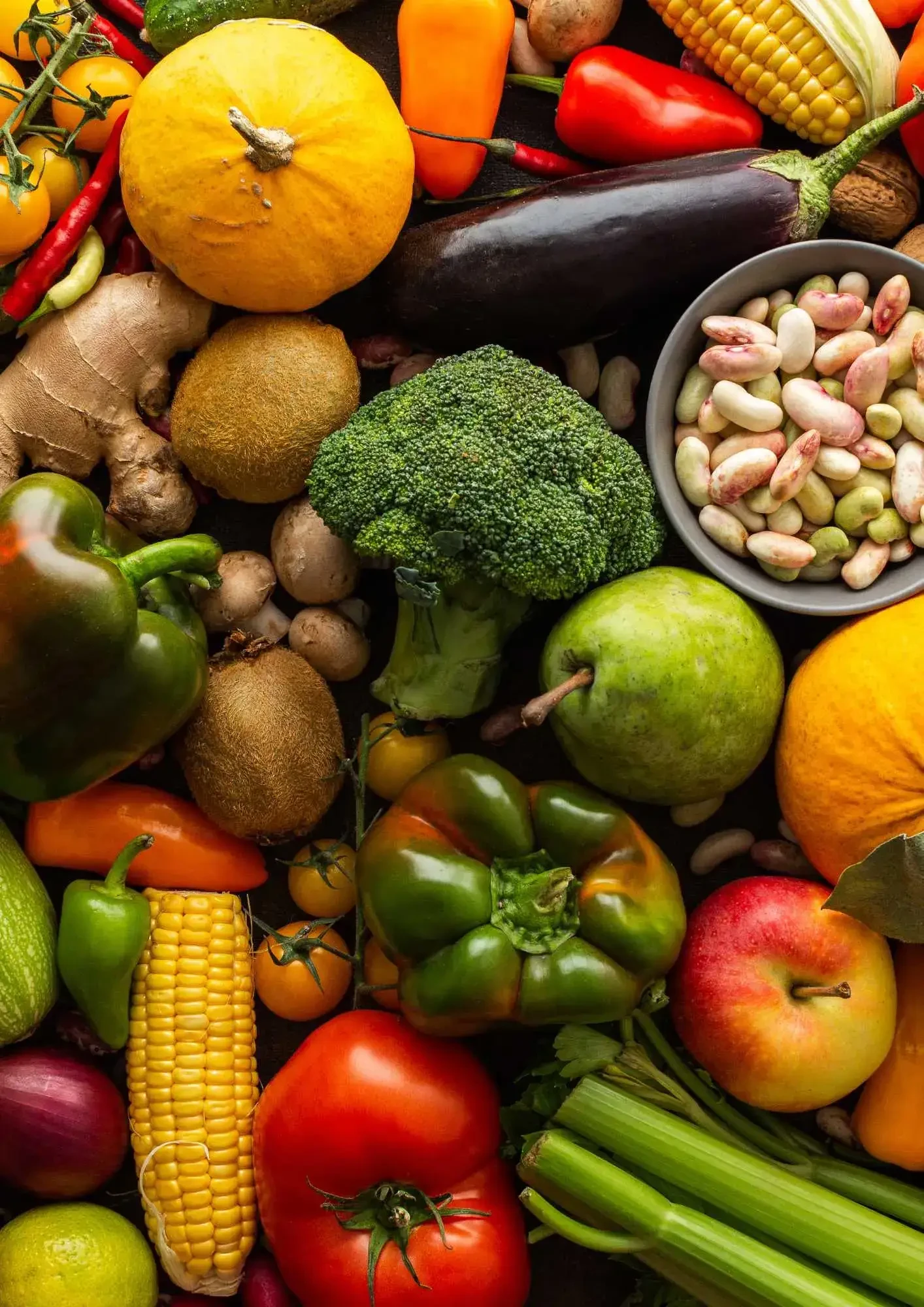 Assortment of vegetables, fruit and beans