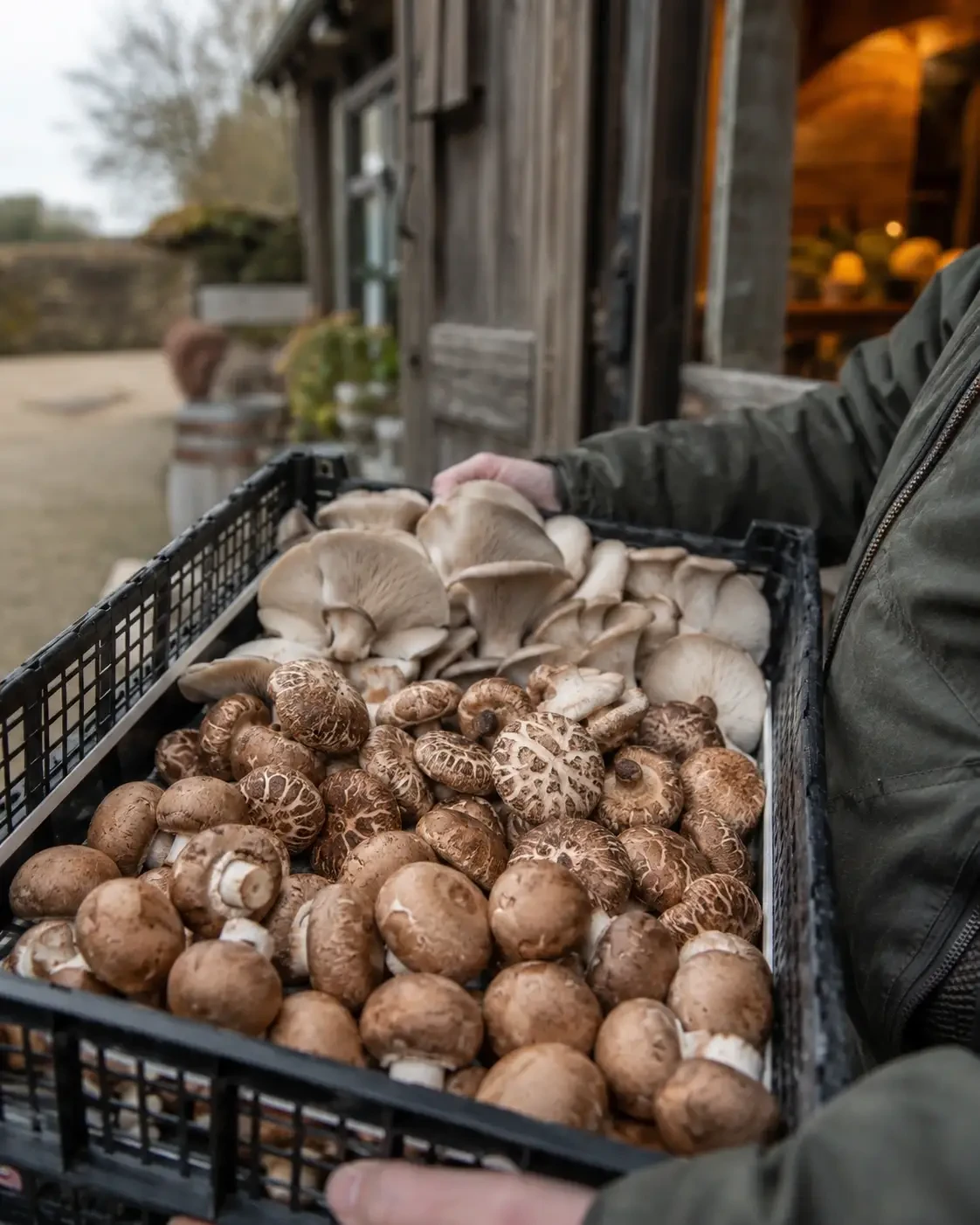 A person carrying a black crate filled with mushrooms