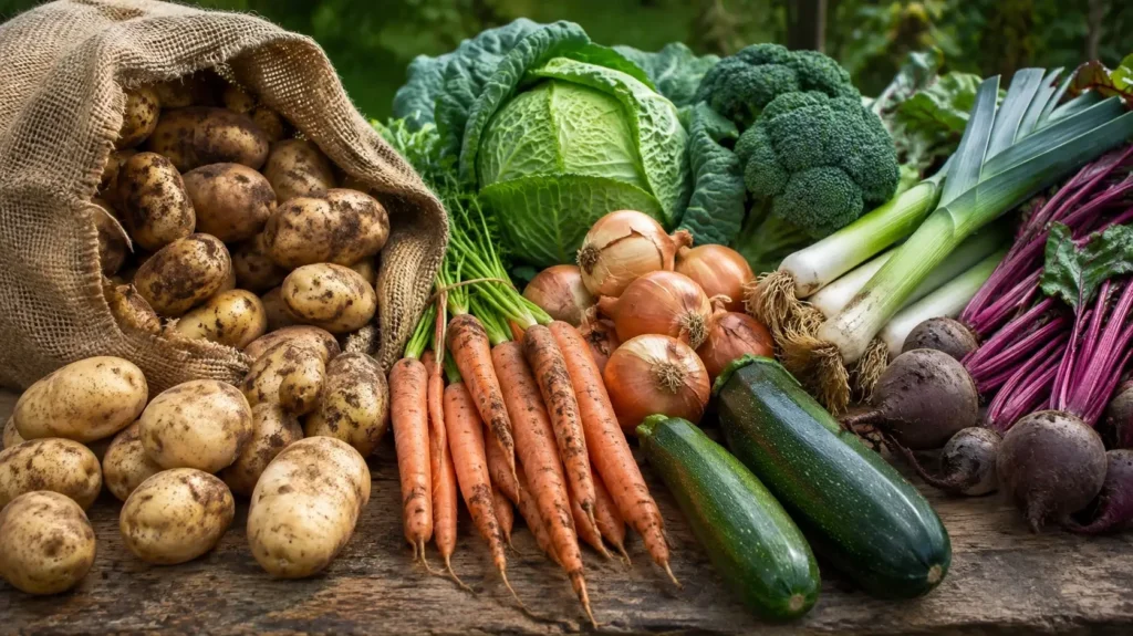 Potatoes, carrots, onions and green vegetables arranged together