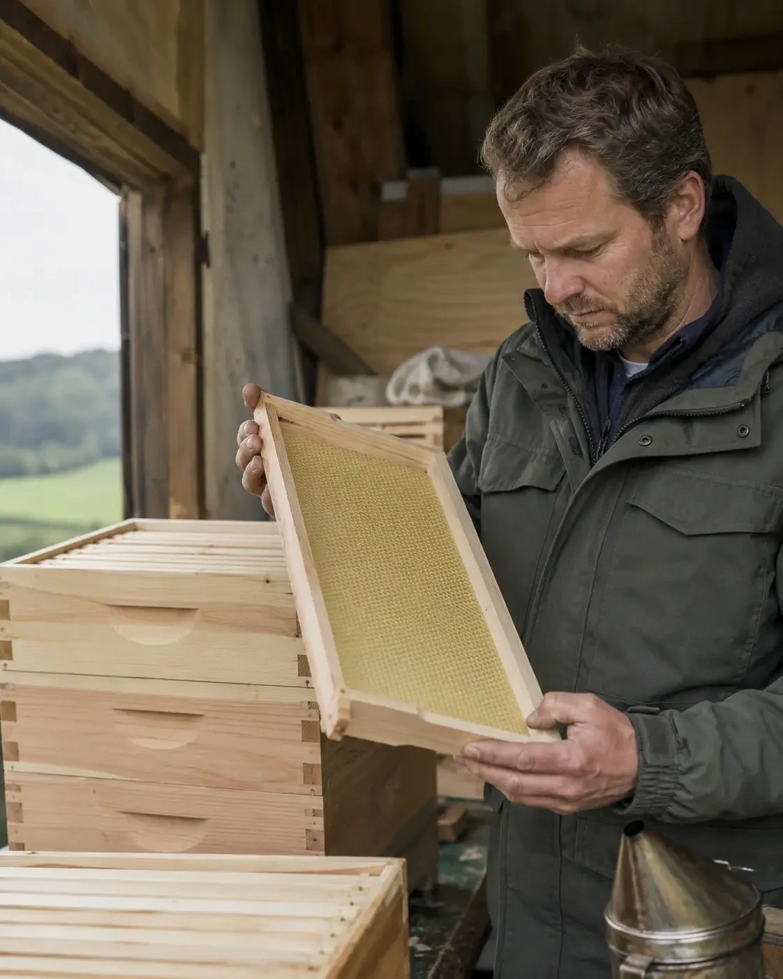 Man examining a wax foundation sheet in a beehive frame
