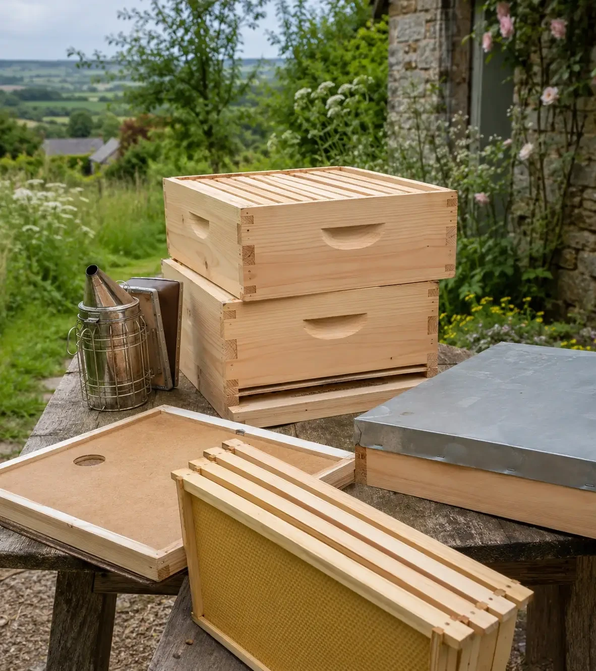 Wooden beehive boxes and frames laid out in a garden