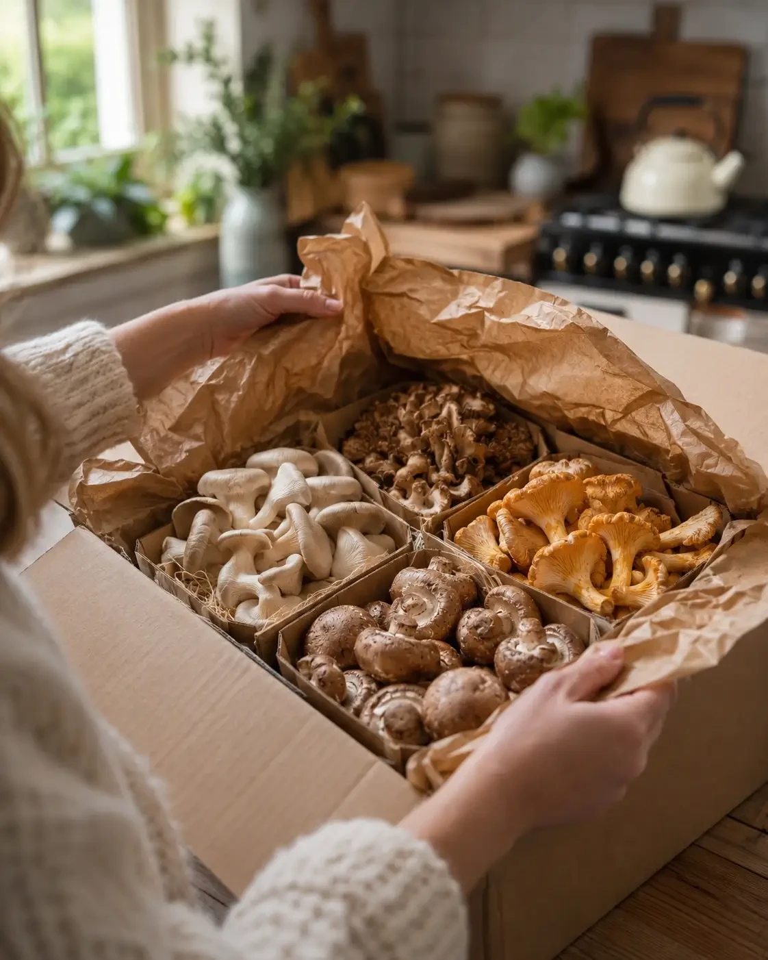 Hands opening a cardboard box filled with assorted mushrooms