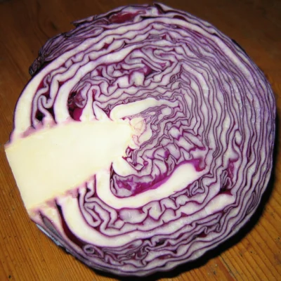 Red cabbage cut through the centre to show tightly folded leaves