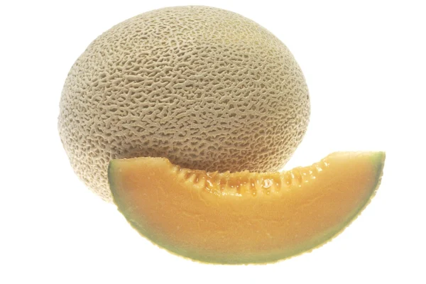 Whole netted cantaloupe beside an orange-fleshed slice on white