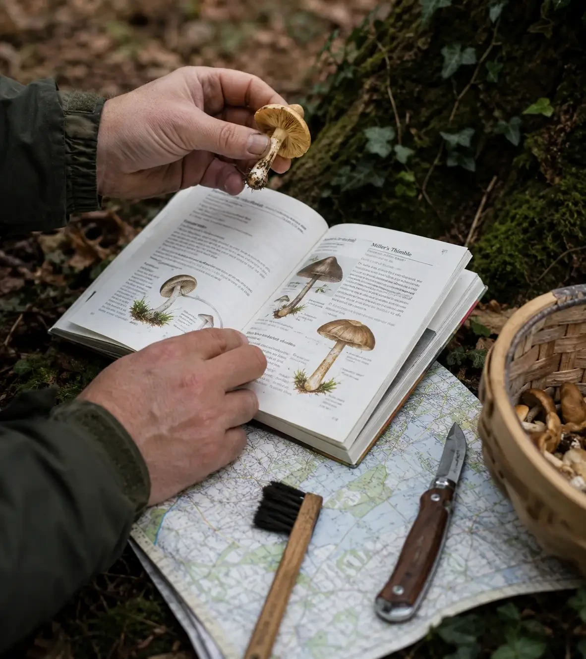Hands comparing a woodland mushroom with pictures in a field guide