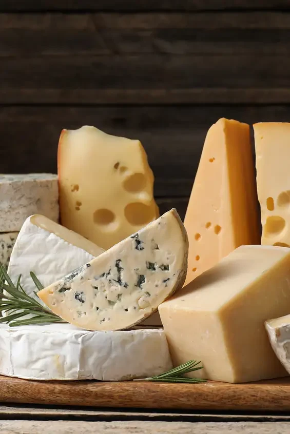 Soft, blue and hard cheeses arranged together on a board