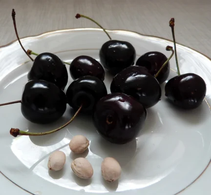 Dark Kordia cherries on a white plate beside several stones