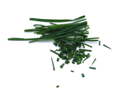 Harvested chive leaves, whole and finely chopped