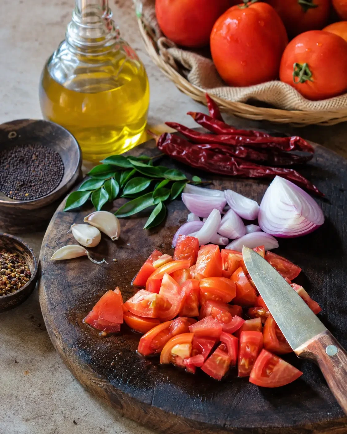 Chopped tomatoes and onions beside chillies, oil and spices