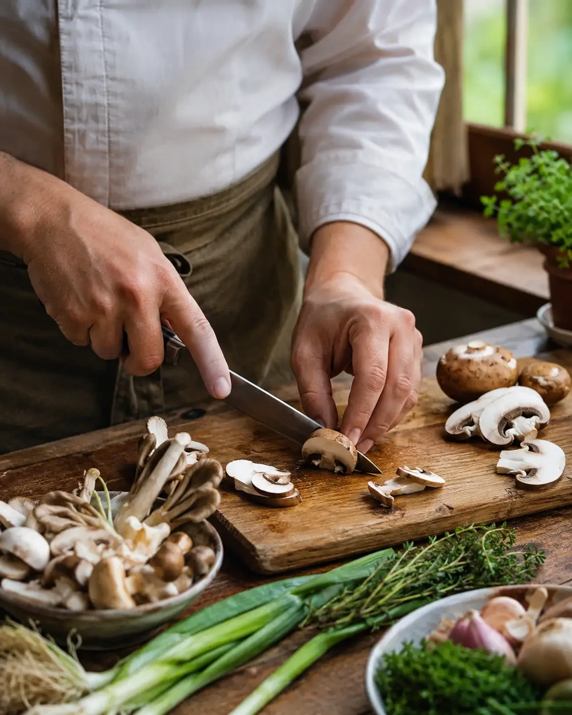 A cook slicing mushrooms on a wooden chopping board