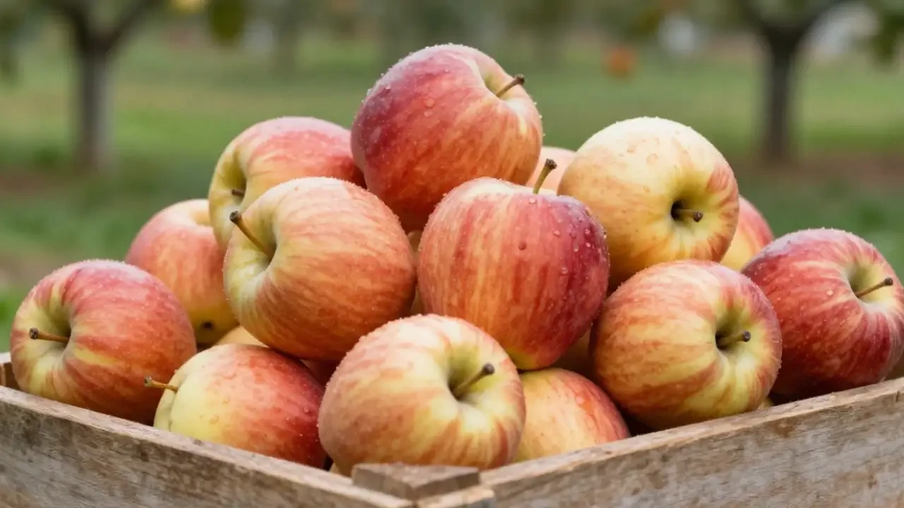Ripe red and yellow apples in a wooden crate