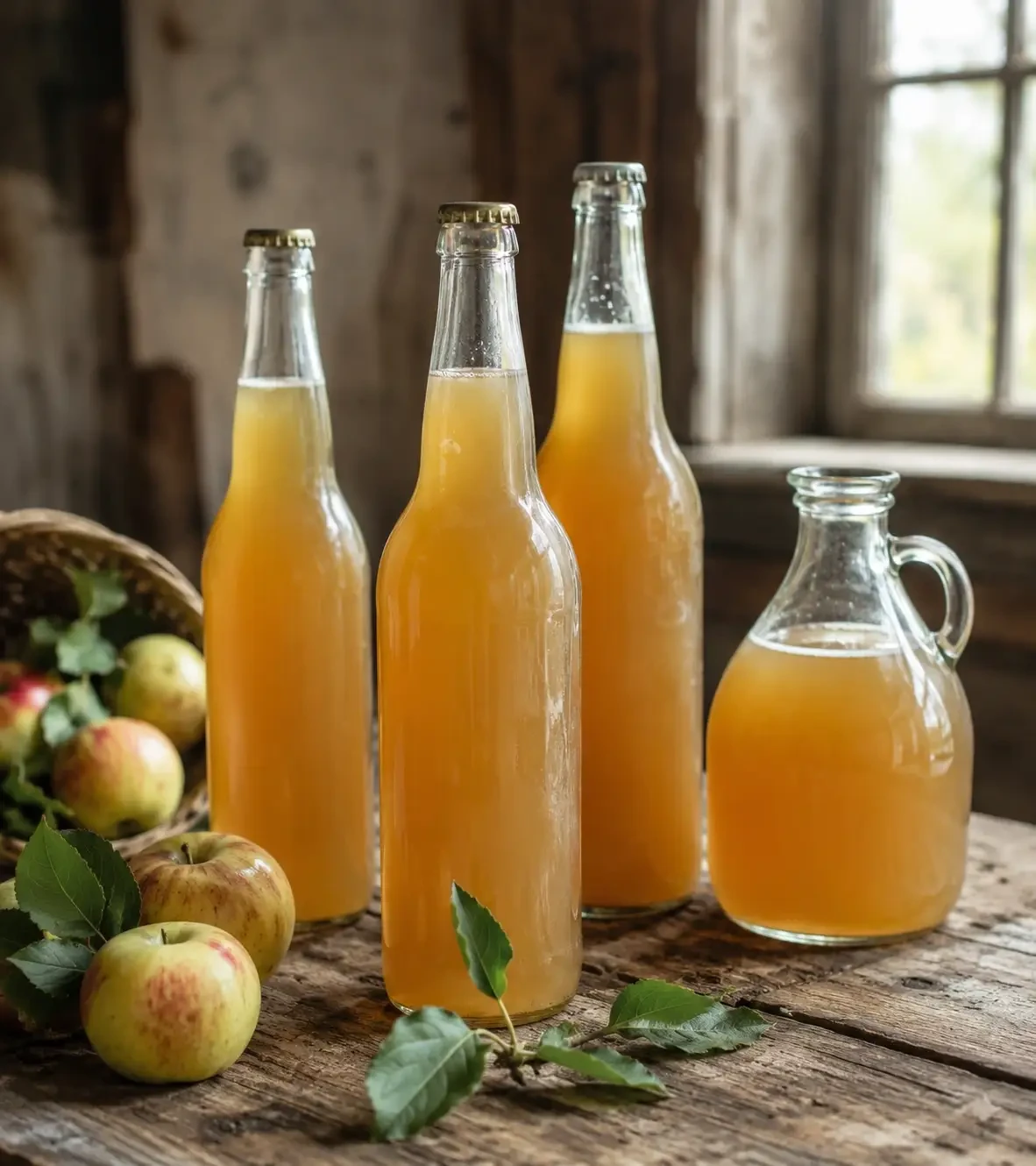 Bottles and a jug of cloudy apple juice on a wooden table