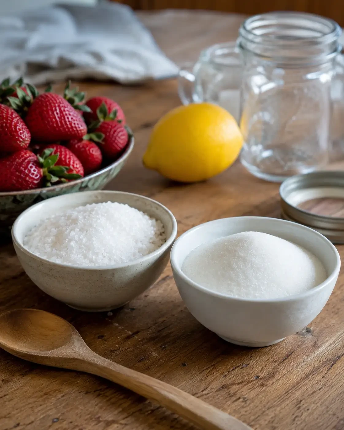 Bowls of sugar beside strawberries, lemon and empty jam jars