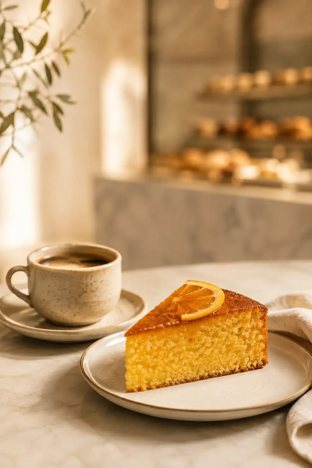 A cup of coffee beside a slice of orange cake