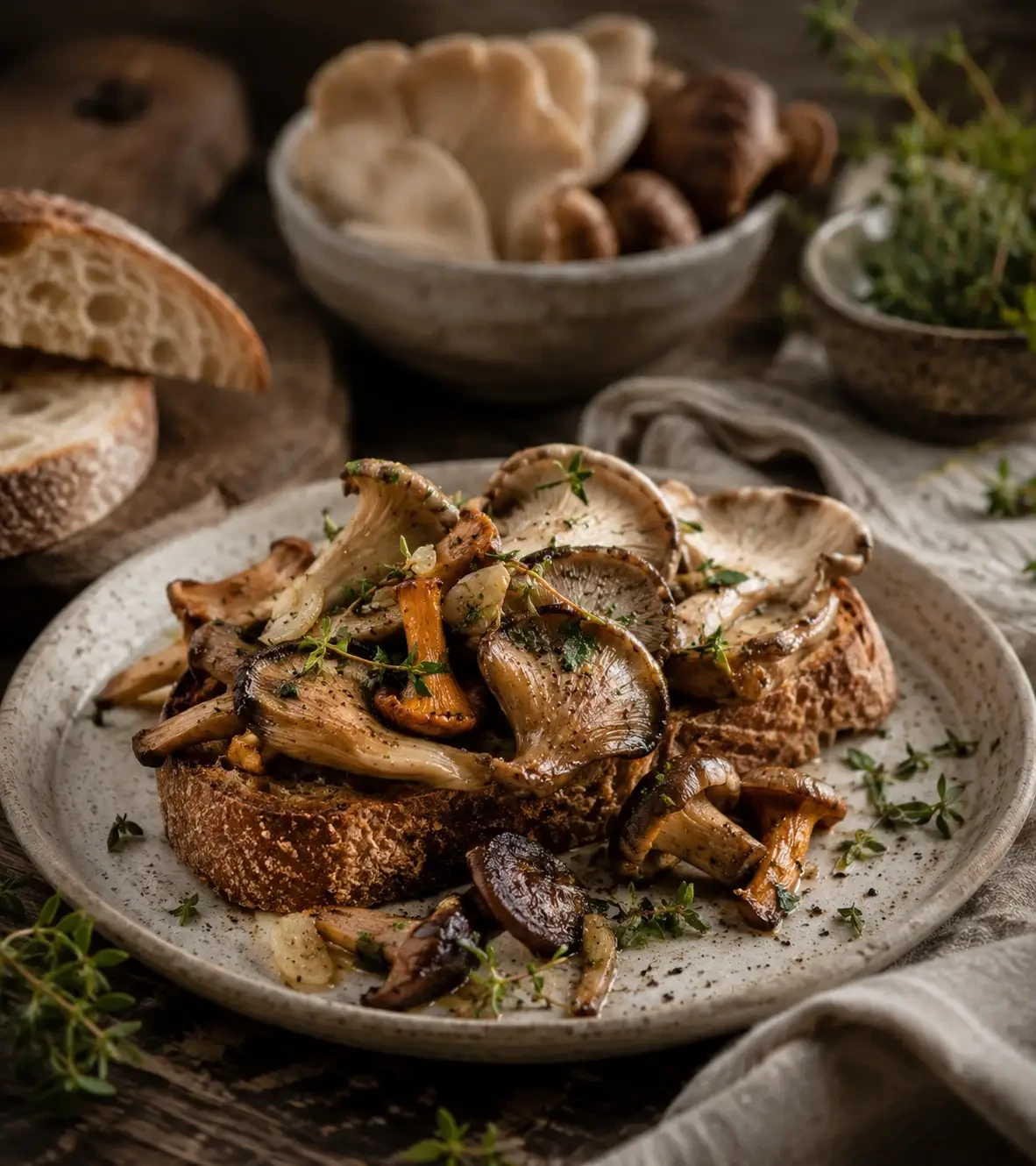 Cooked mushrooms served on toast with herbs