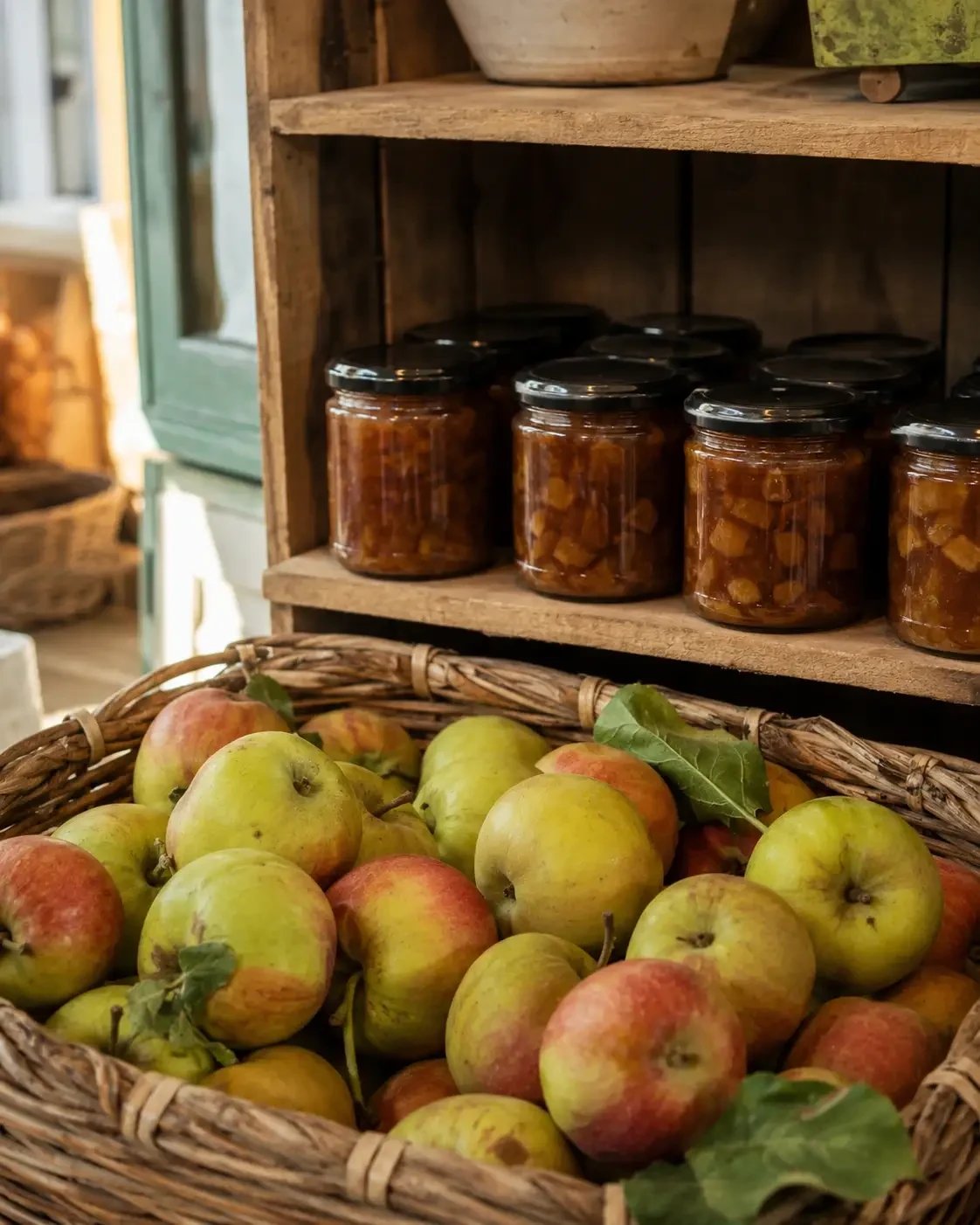 A basket of apples beneath shelves of preserve jars
