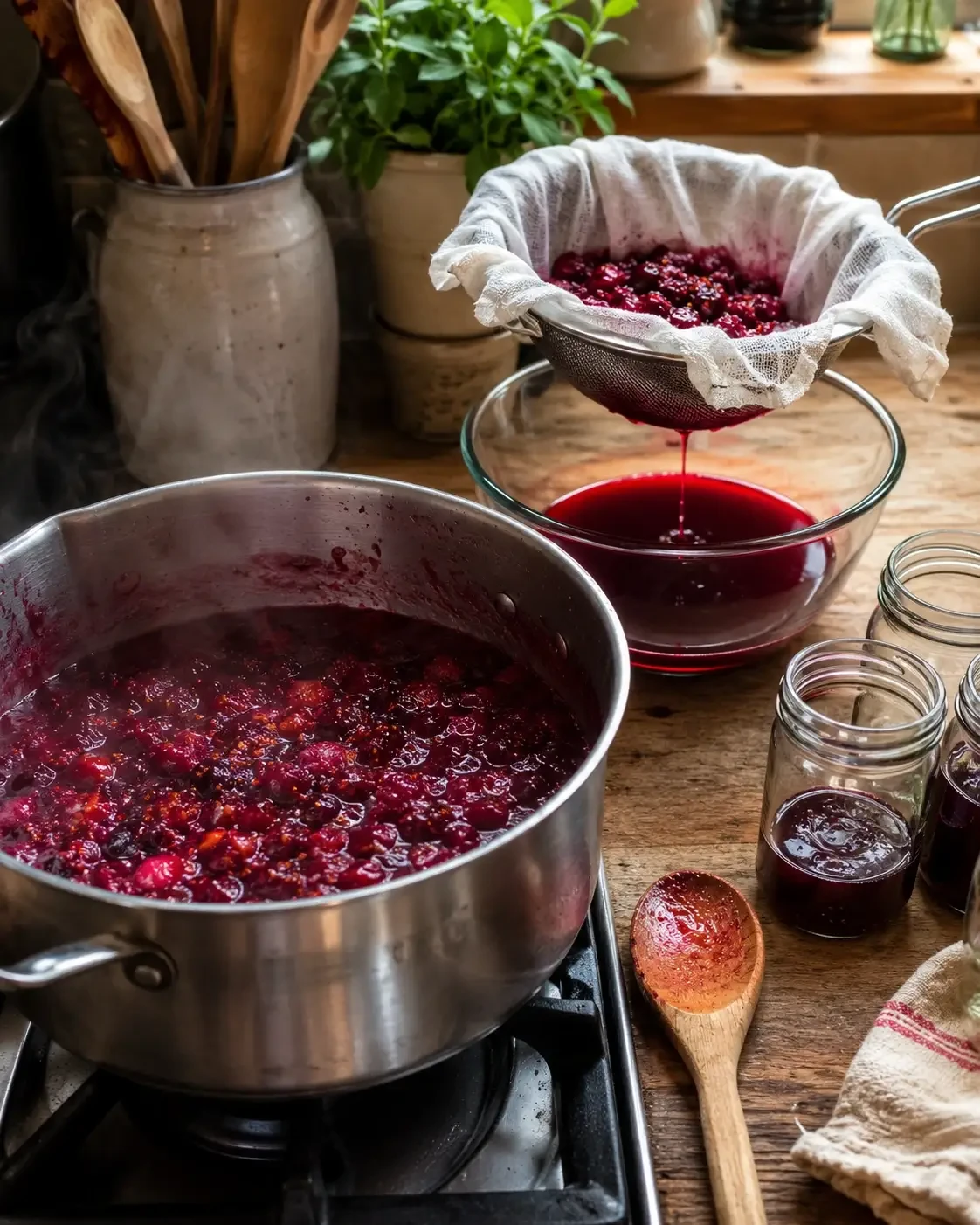 Cooked berries in a saucepan beside fruit straining through a cloth