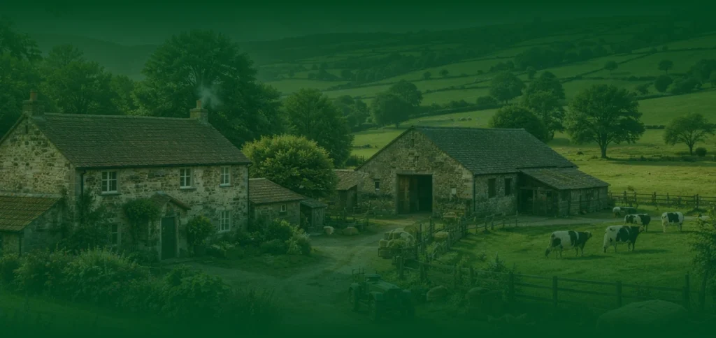 Traditional stone farm buildings with grazing cattle in rolling British countryside on a misty day