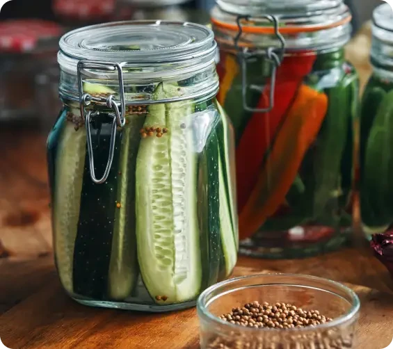 A jar of cucumber spears beside jars of other vegetables
