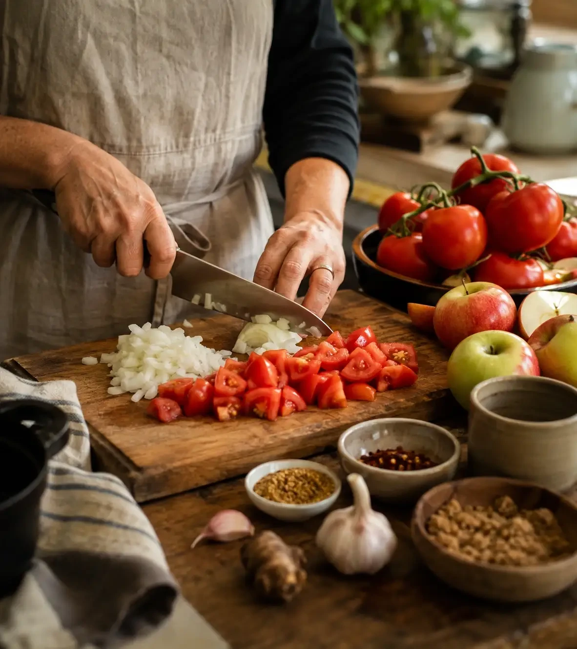 Hands chopping vegetables beside tomatoes, spices and other chutney ingredients