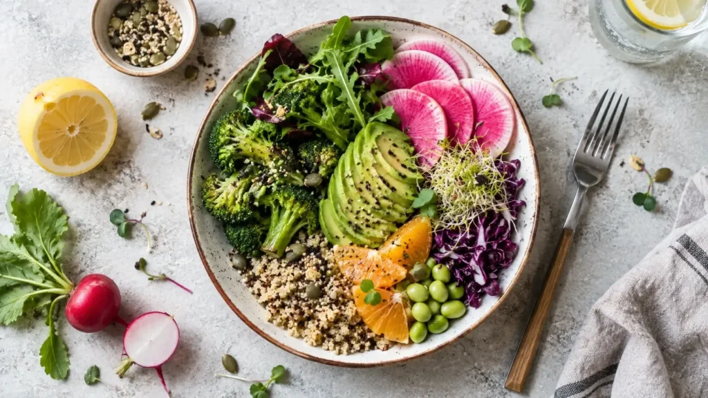 Salad bowl with avocado, leafy greens, radishes, chickpeas and grains