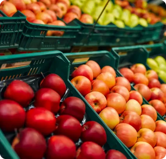 Different varieties of apples displayed in green produce crates