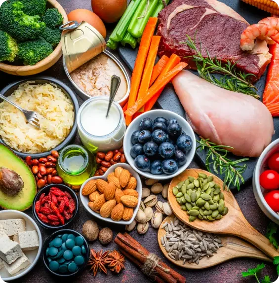 Meat, fish, vegetables, fruit, nuts and dairy foods arranged together