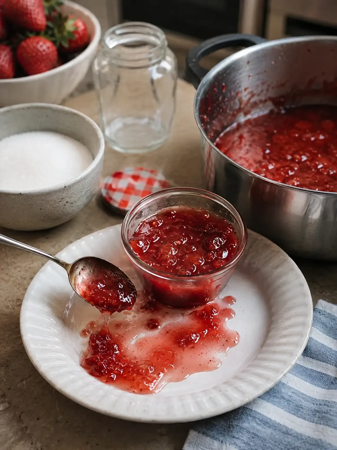 Runny red jam on a white plate beside a saucepan and jam jars