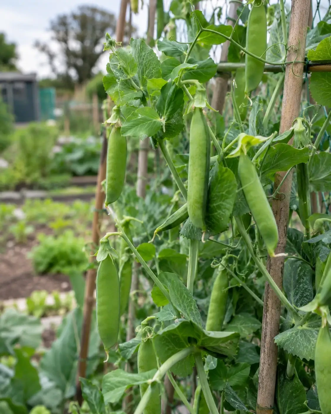 Green pea pods growing on climbing plants