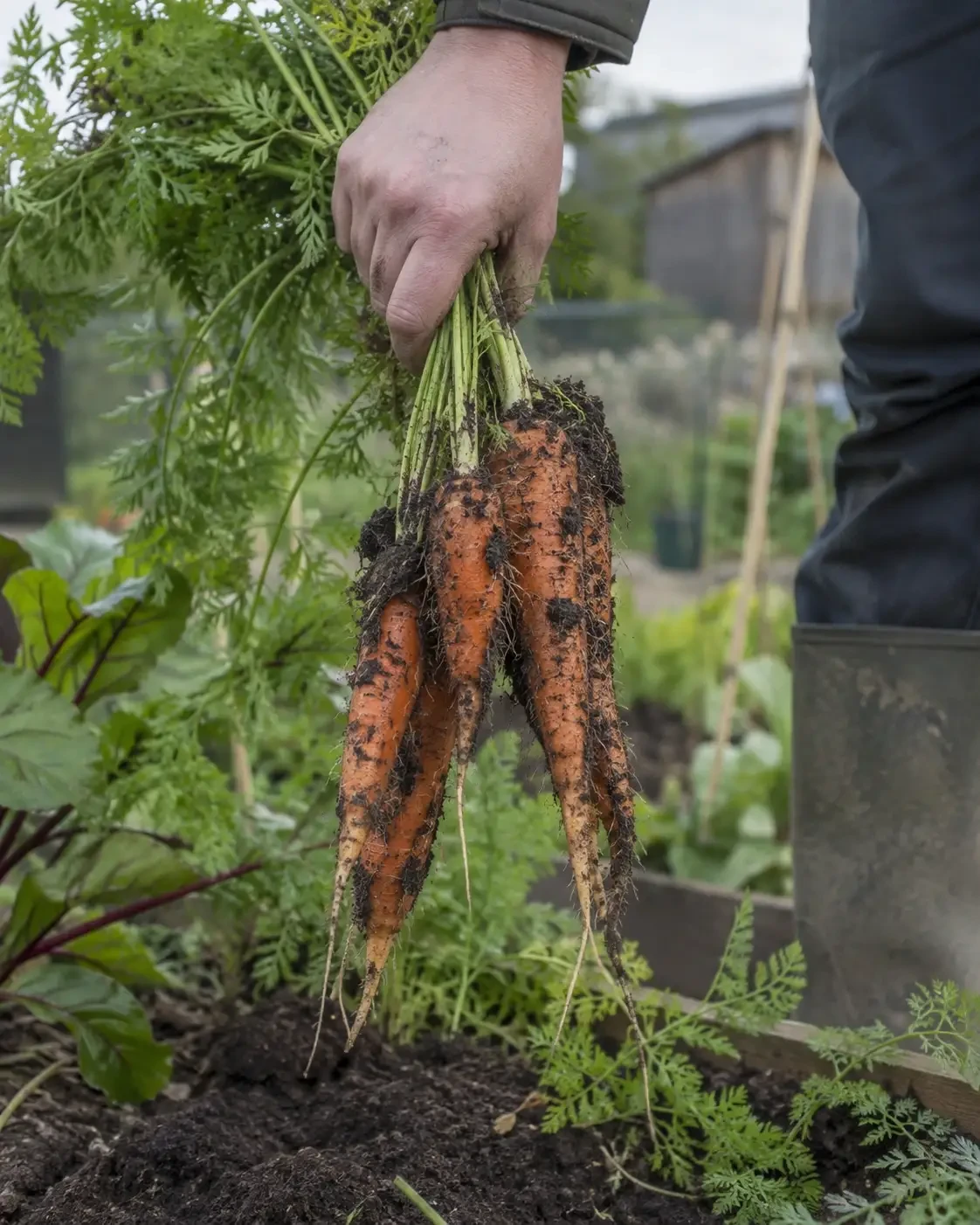 A hand holding freshly pulled carrots with soil on their roots
