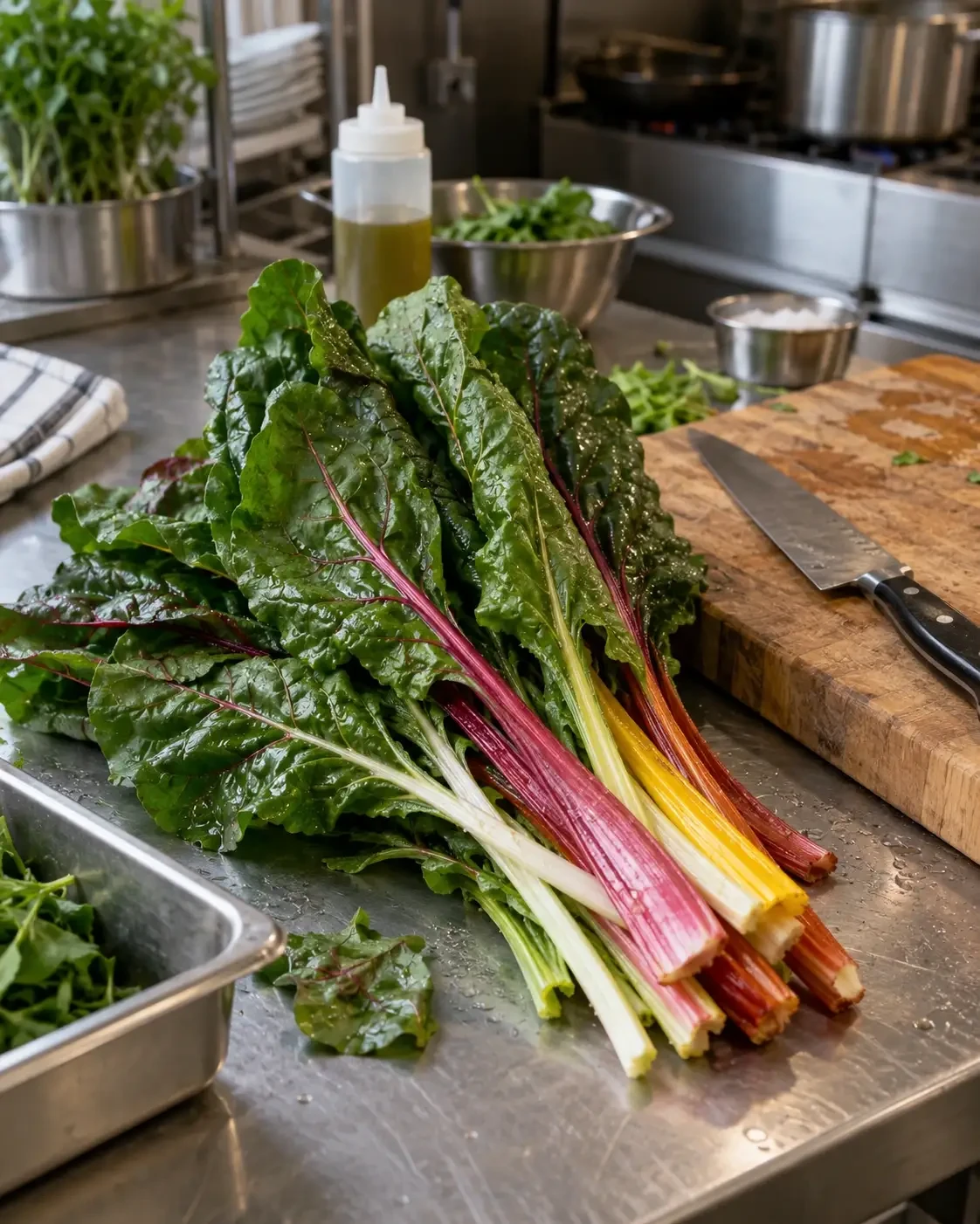 Fresh rainbow chard on a kitchen worktop