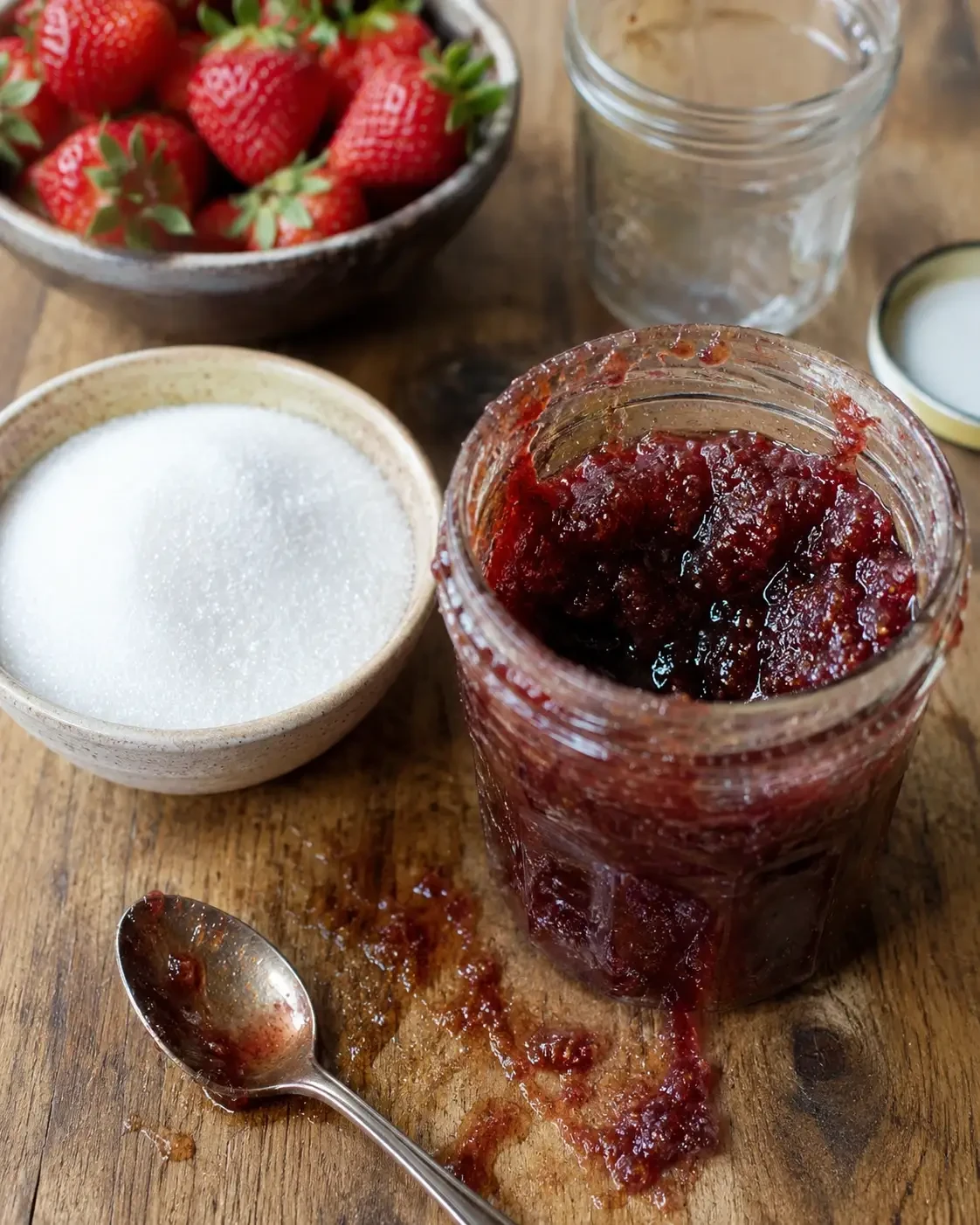 A spoon dipped into strawberry jam beside sugar and fresh berries