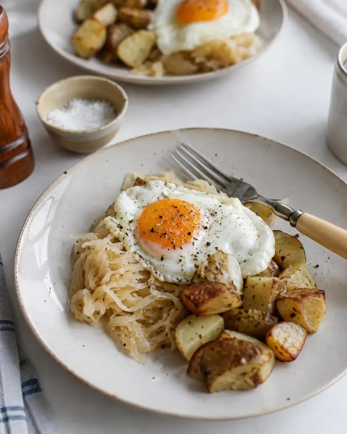 Fried eggs served with sauerkraut and roasted potatoes