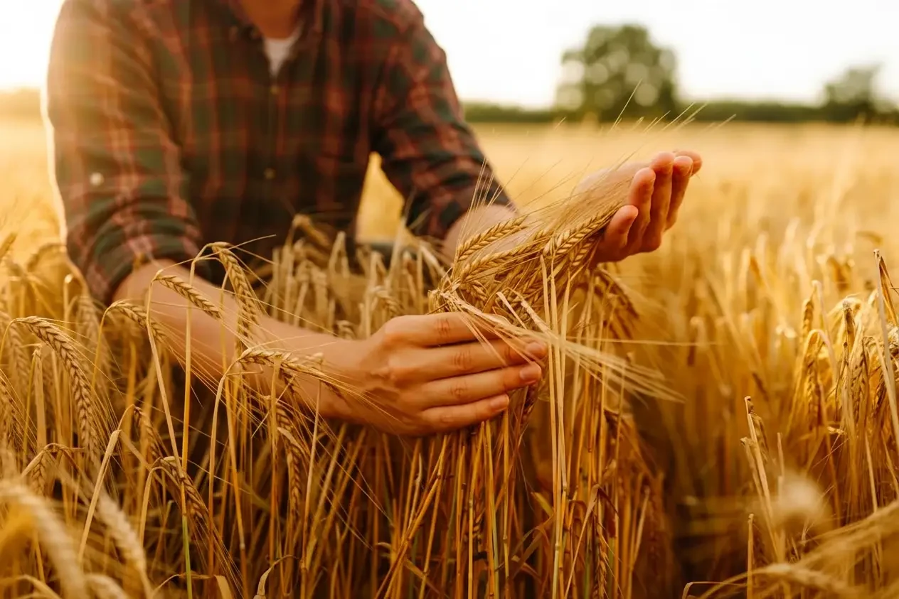Farmer inspecting golden wheat stalks in a sunlit field at harvest time