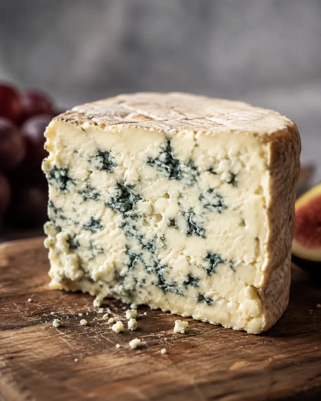 A wedge cut from a round blue cheese