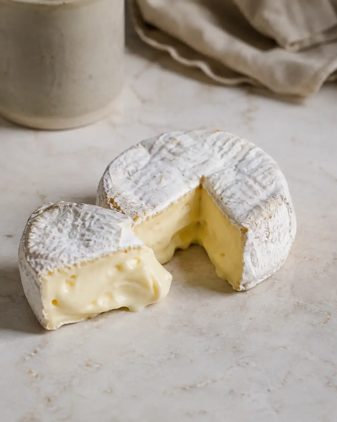 A soft white-rind cheese cut open to show its creamy centre