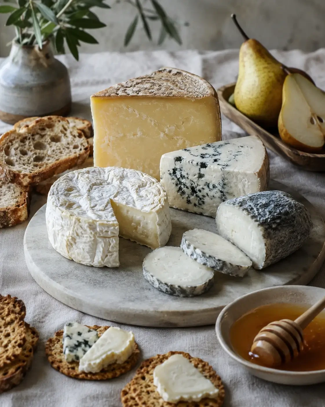 An assortment of cheeses served with crackers, pears and honey