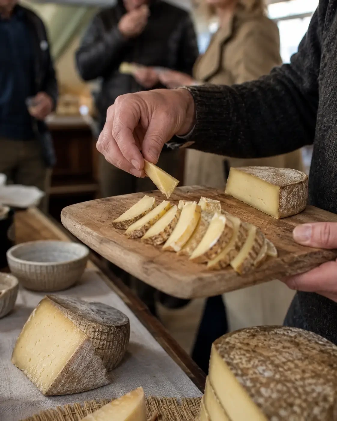 A hand selecting a cheese sample from a wooden board