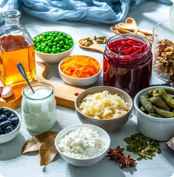 Preserved vegetables, dairy foods and seeds arranged in bowls and jars