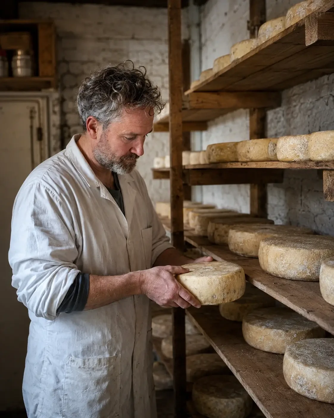 A cheesemaker examining a wheel beside shelves of maturing cheeses