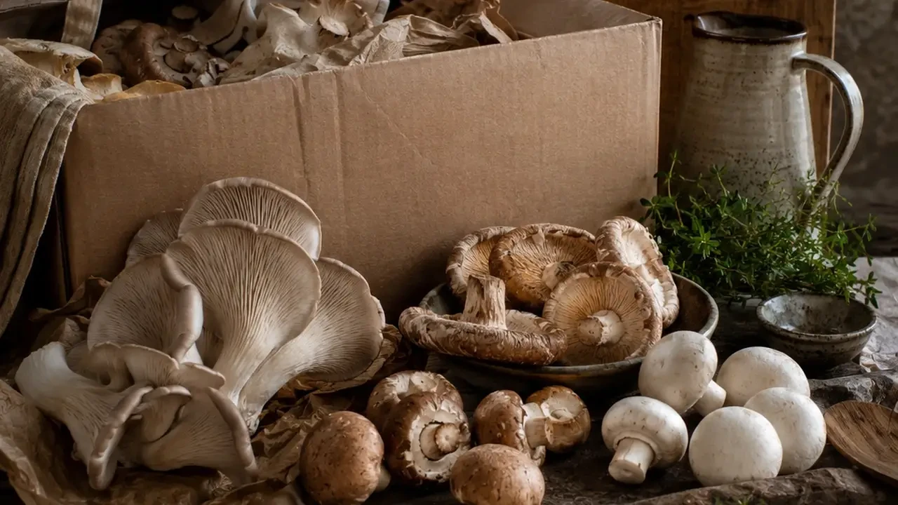 A cardboard box and table filled with assorted fresh mushrooms
