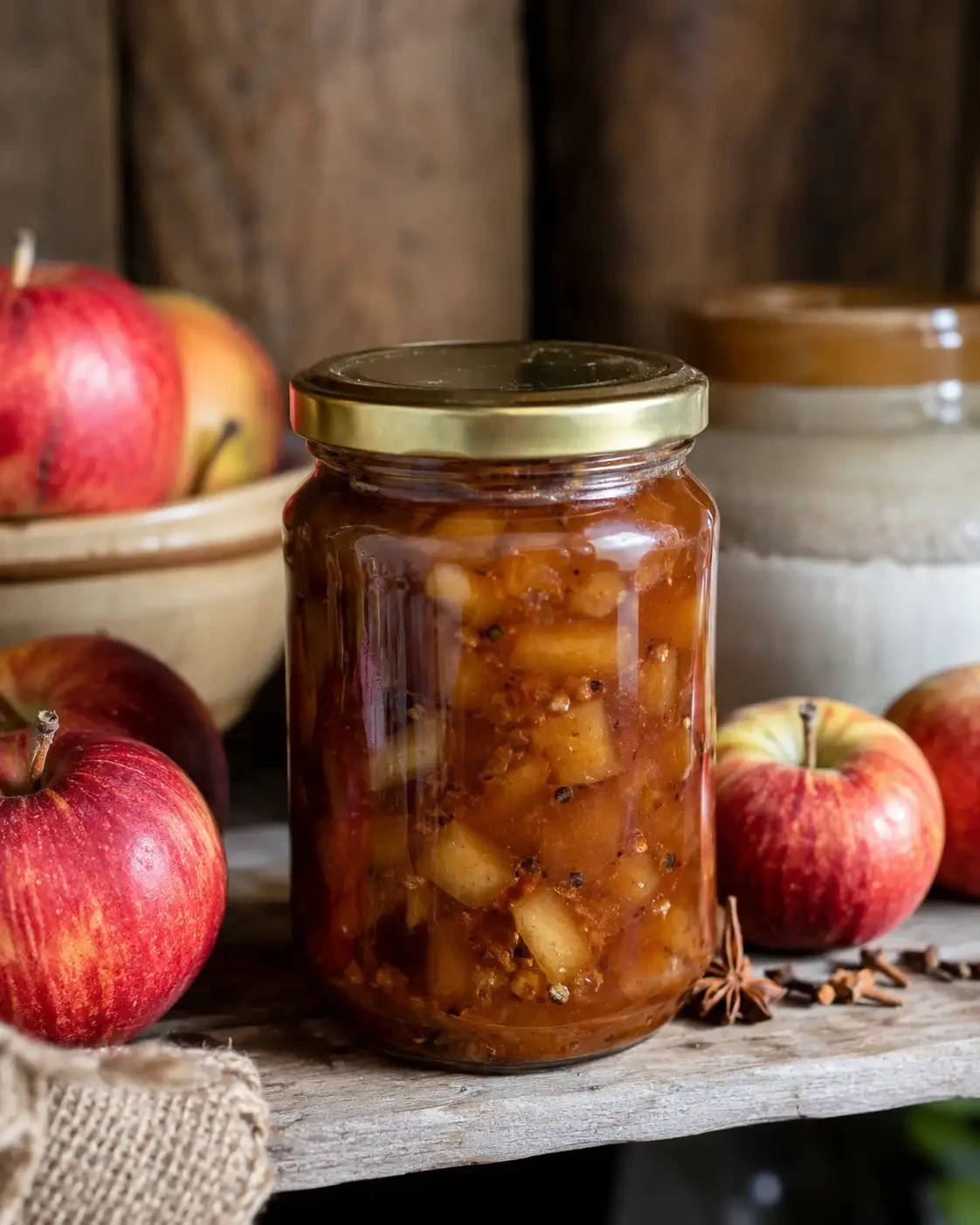 A jar of chunky apple chutney beside fresh apples