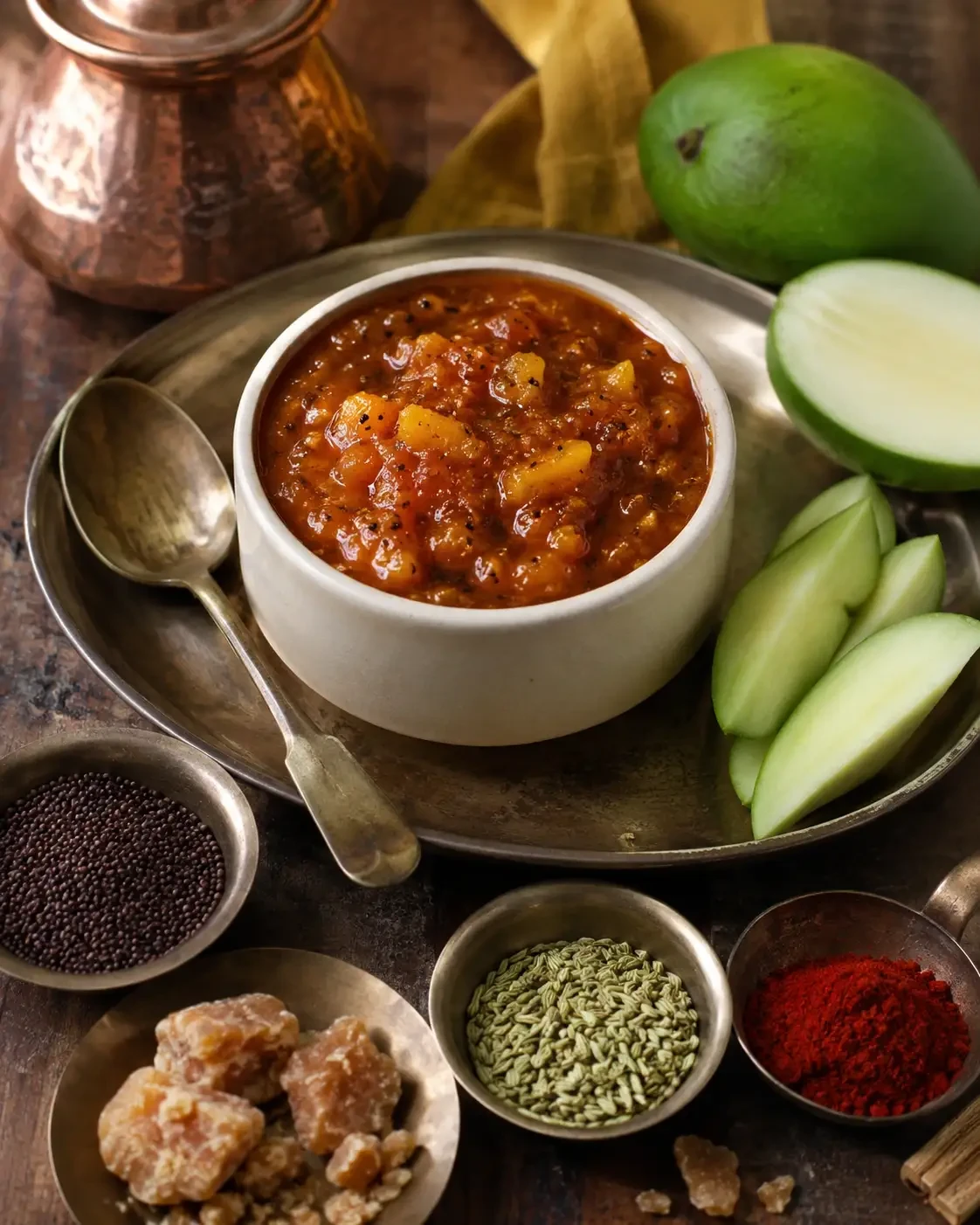 A bowl of chunky chutney surrounded by spices and sliced green fruit