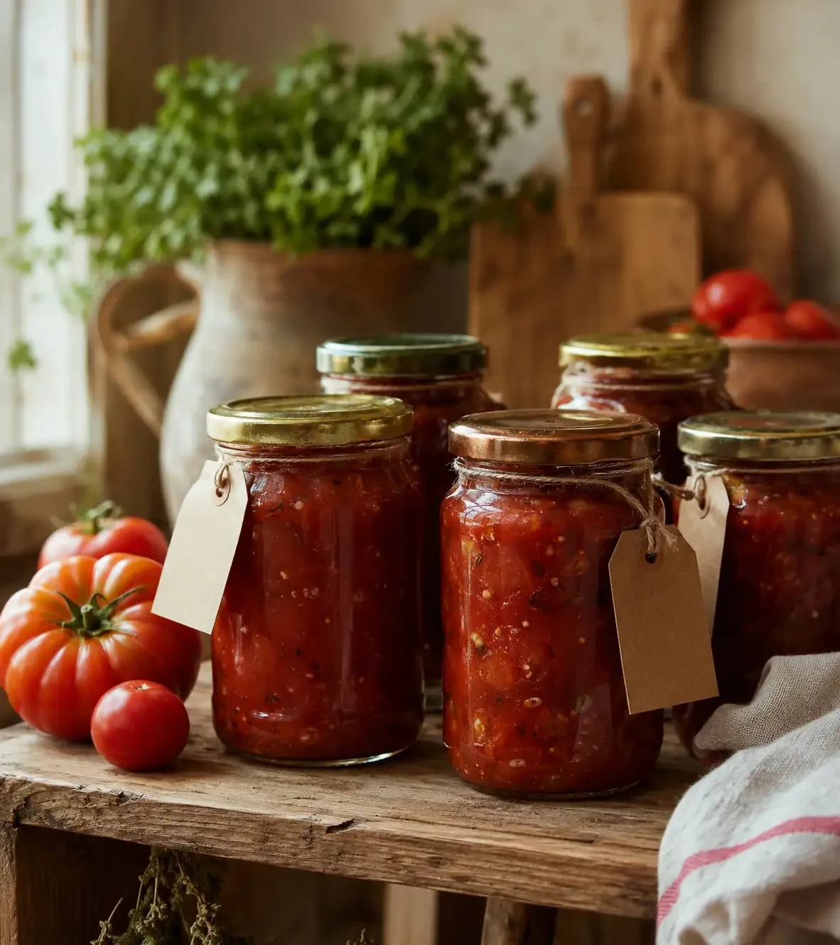 Jars of tomato chutney with labels beside fresh tomatoes