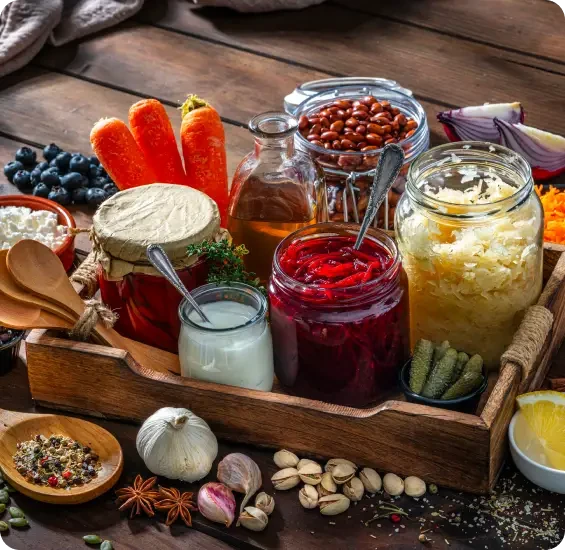 Jars and bowls of preserved foods arranged in a wooden tray