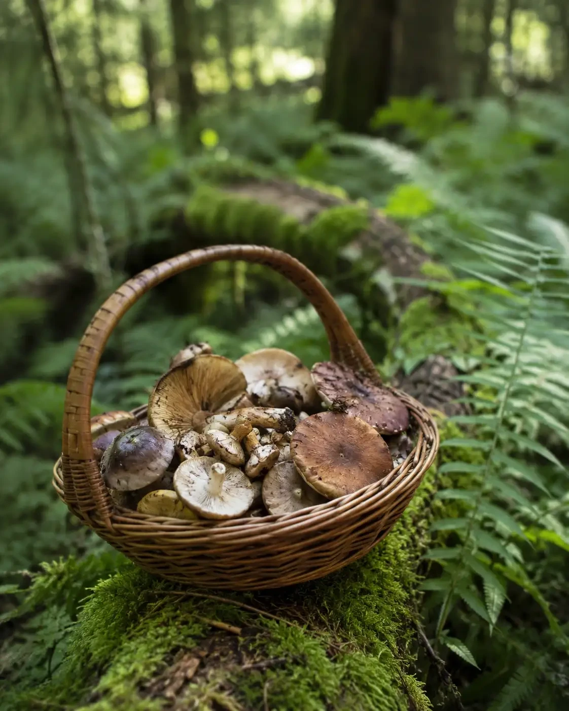 A wicker basket of mushrooms resting on a mossy woodland floor