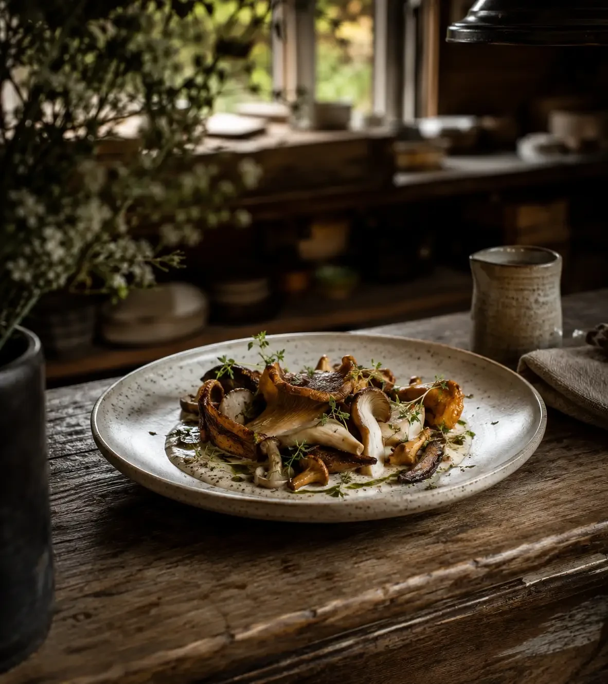 A plated mushroom dish on a rustic dining table