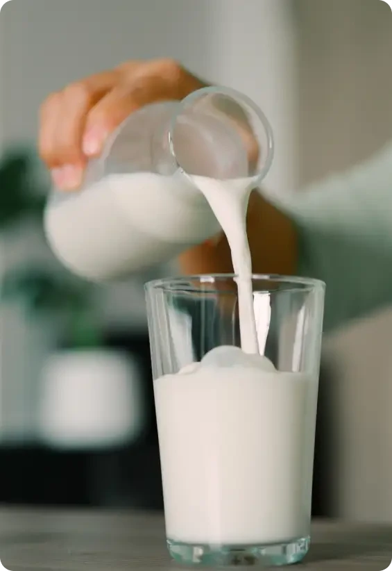 Milk being poured from a jug into a tall glass