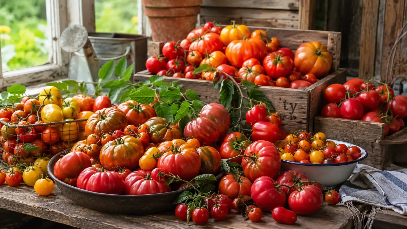 An abundant display of red, orange and yellow tomatoes in a kitchen